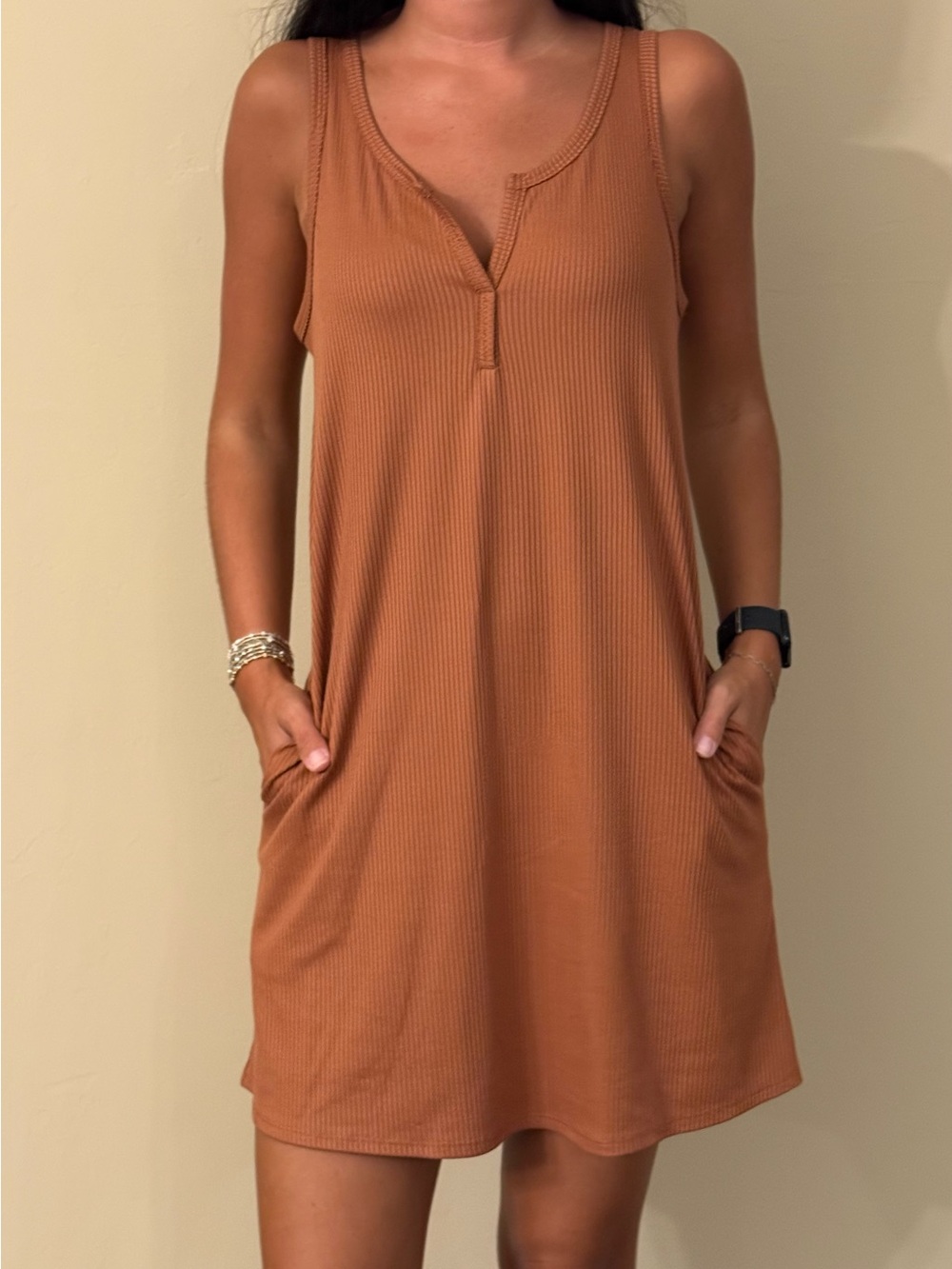Daytrip Rust Colored Sleeveless Ribbed Mini Dress with Pockets